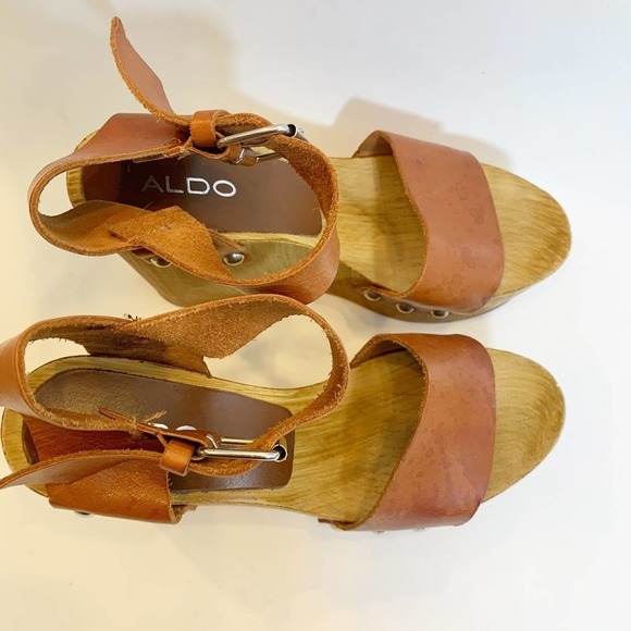 Aldo Tan Leather Platform Wedge Heels Size 7.5 - Picture 3 of 5